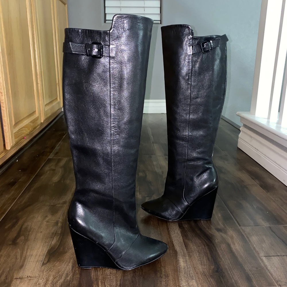 Steve Madden black wedge knee high boots size 7.5